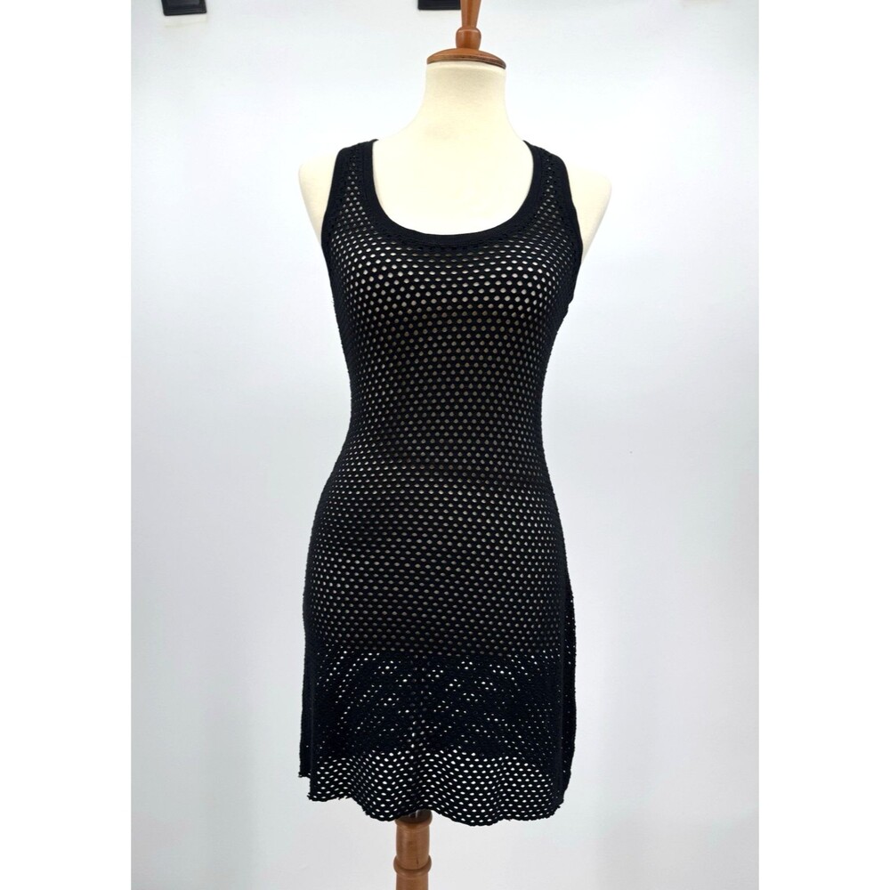 BCBGMaxAzria Etania Mesh Tank Dress Black Raw Hem Mini Bodycon Cover up Beachy S